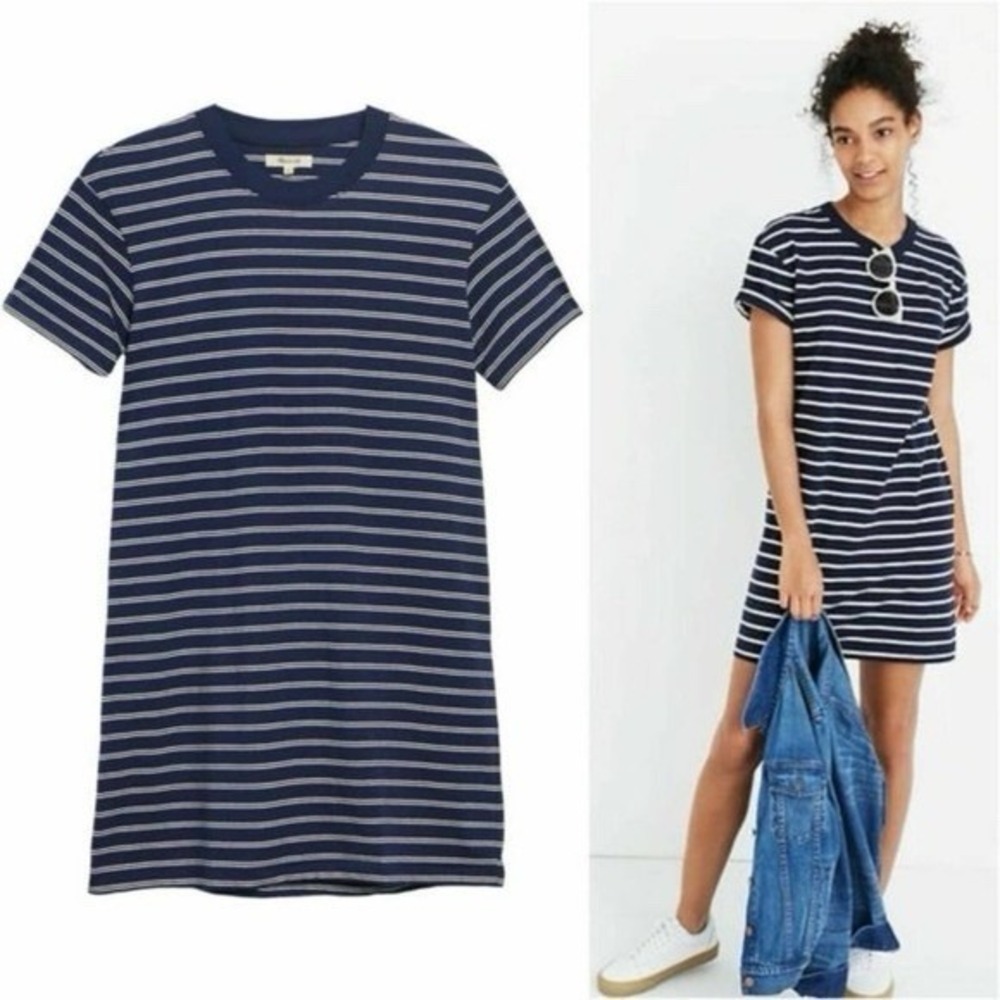 Madewell Tina Striped Cotton Dress Navy White Patriotic T-Shirt Crewneck